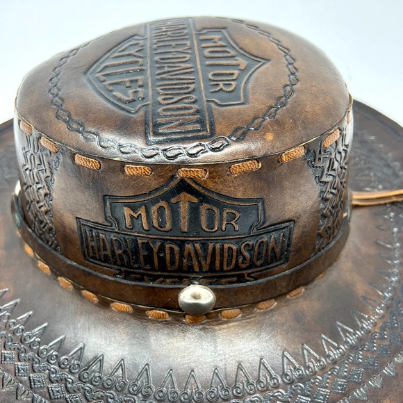 Harley-Davidson Other - Harley Davidson Leather Hat Gambler Vintage Hand-Tooled Wide-Brim Cowboy